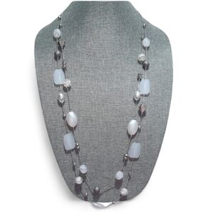 Elegant Long Silver & White Beaded Necklace
